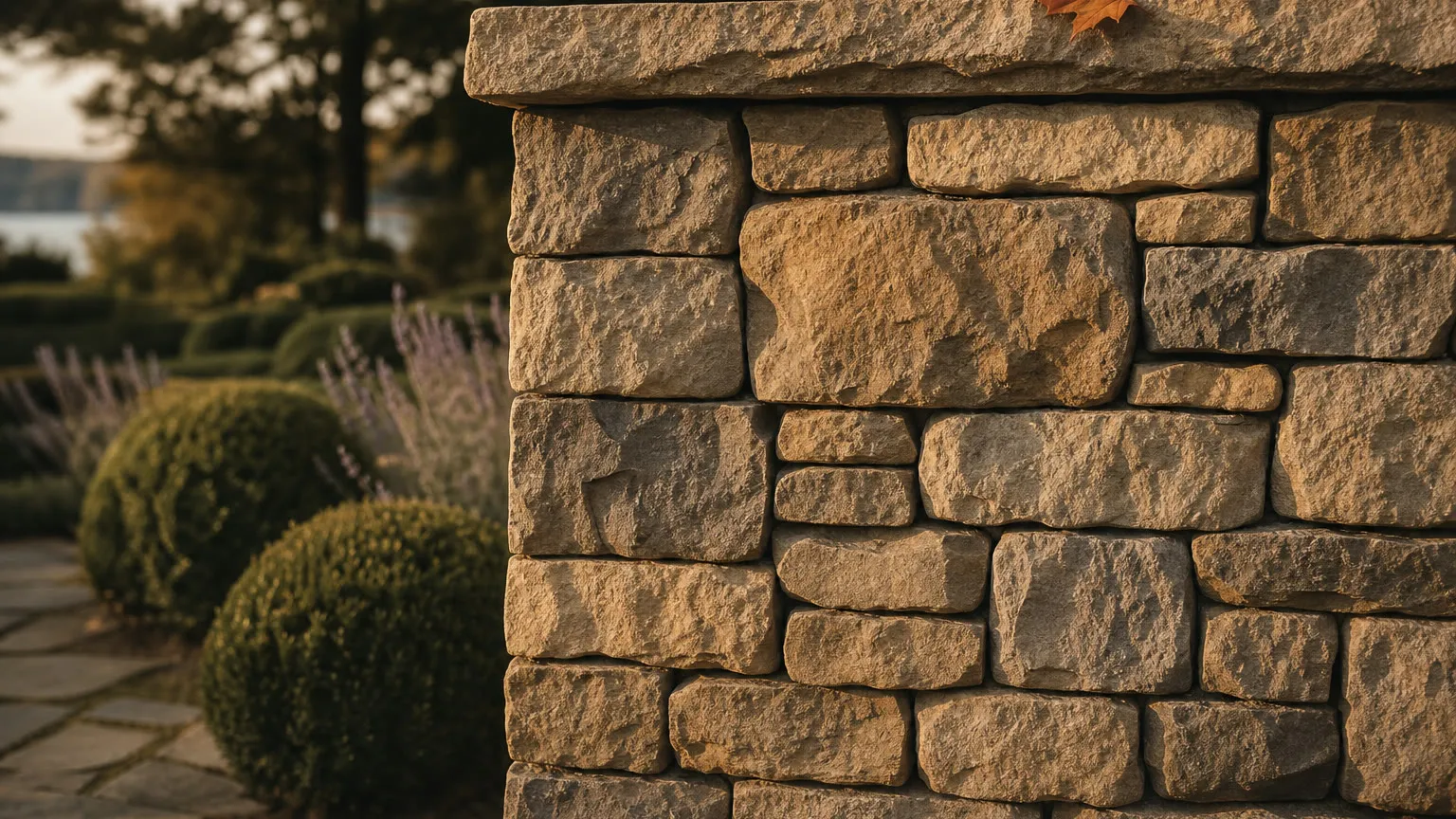 Hand-laid stone veneer at late afternoon, Lake Geneva estate